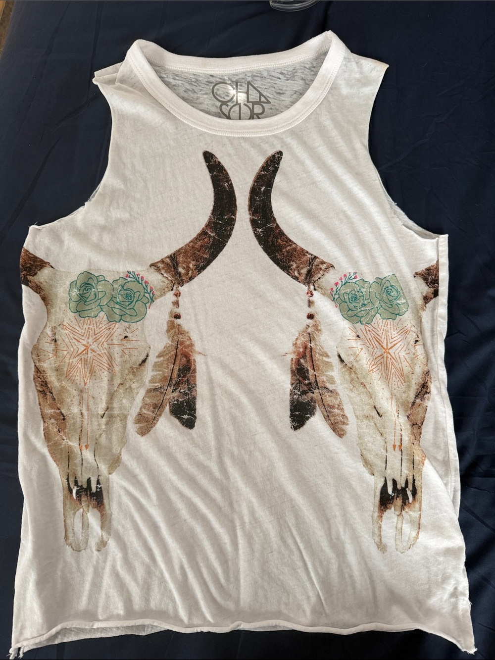 Chaser White Graphic Tank with Floral Skull and Horn Print